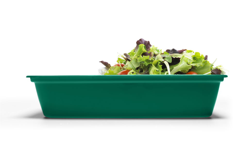 A green plastic container filled with mixed salad greens and cherry tomatoes, viewed from the side against a white background.