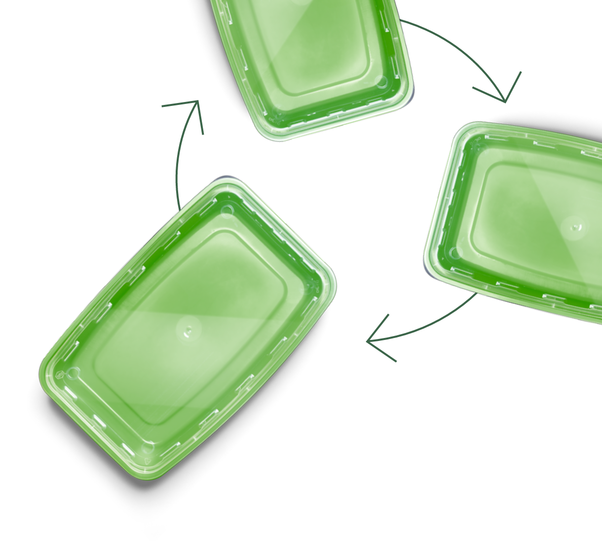 Three green rectangular plastic containers with lids are arranged in a circular pattern with black arrows indicating rotation or reuse on a black background.