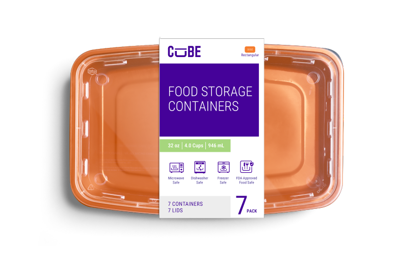 Rectangular orange food storage container with a label stating "Food Storage Containers, 32 oz, 7 pack, microwave, dishwasher, freezer, and FDA approved food safe.