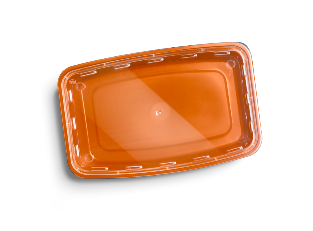 A rectangular orange plastic food container with a fitted lid, photographed against a black background.