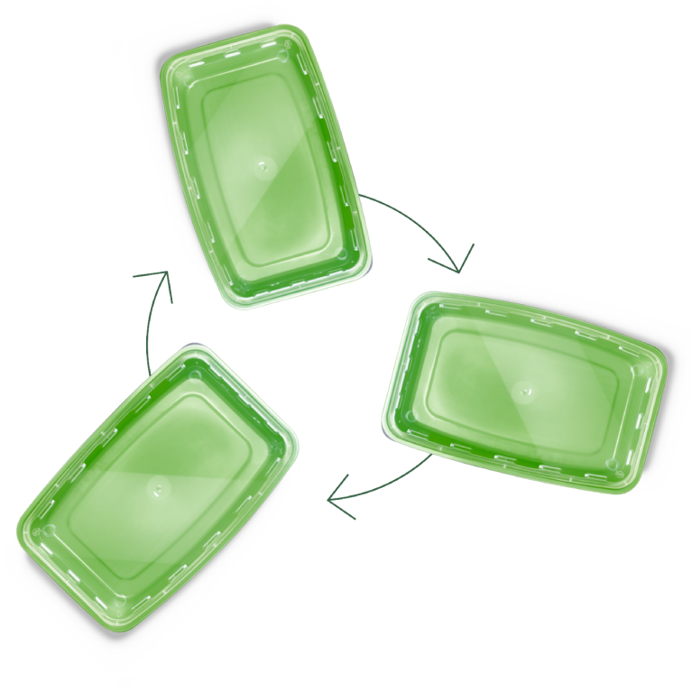 Three green plastic containers with lids are arranged in a circular formation, connected by arrows indicating rotation or movement.