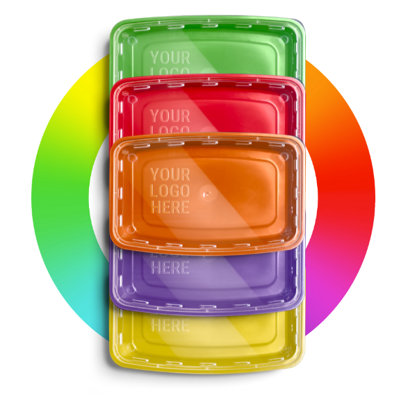 Four stacked plastic food containers in green, red, orange, and purple with "Your Logo Here" text, placed over a circular rainbow gradient background.