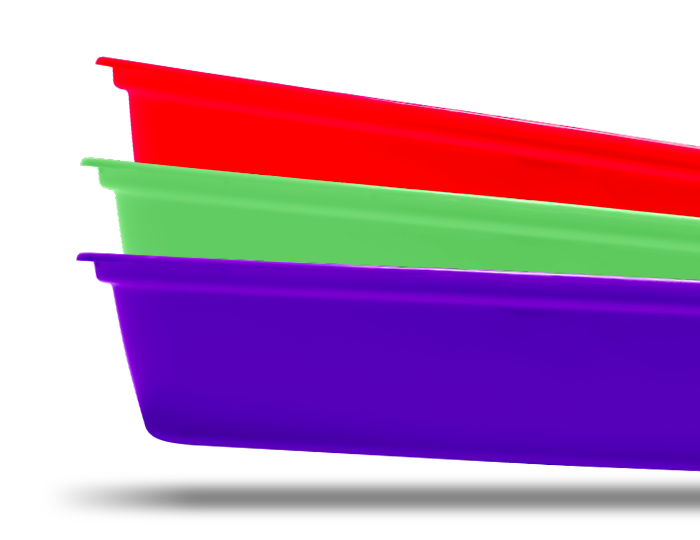 Three stacked rectangular plastic bins in red, green, and purple colors, viewed from the side on a white background.