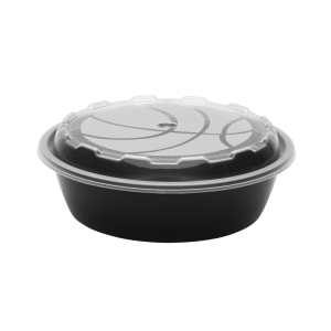 A 24oz Round Basketball food container made of black plastic with a clear, fitted lid, shown against a plain white background.