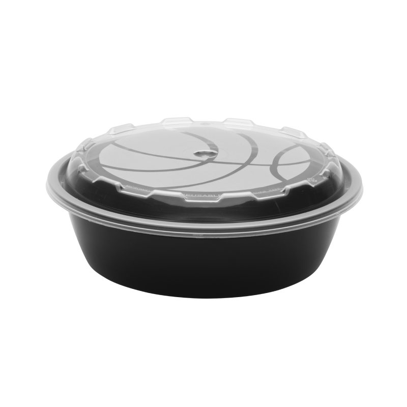 A 24oz Round Basketball food container made of black plastic with a clear, fitted lid, shown against a plain white background.