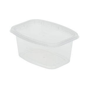 A 16oz Deli clear, rectangular plastic food storage container with a fitted lid, displayed on a plain white background.