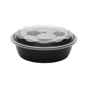 The 24oz Round Soccer is a black plastic food container with a clear lid, designed with a soccer ball pattern.