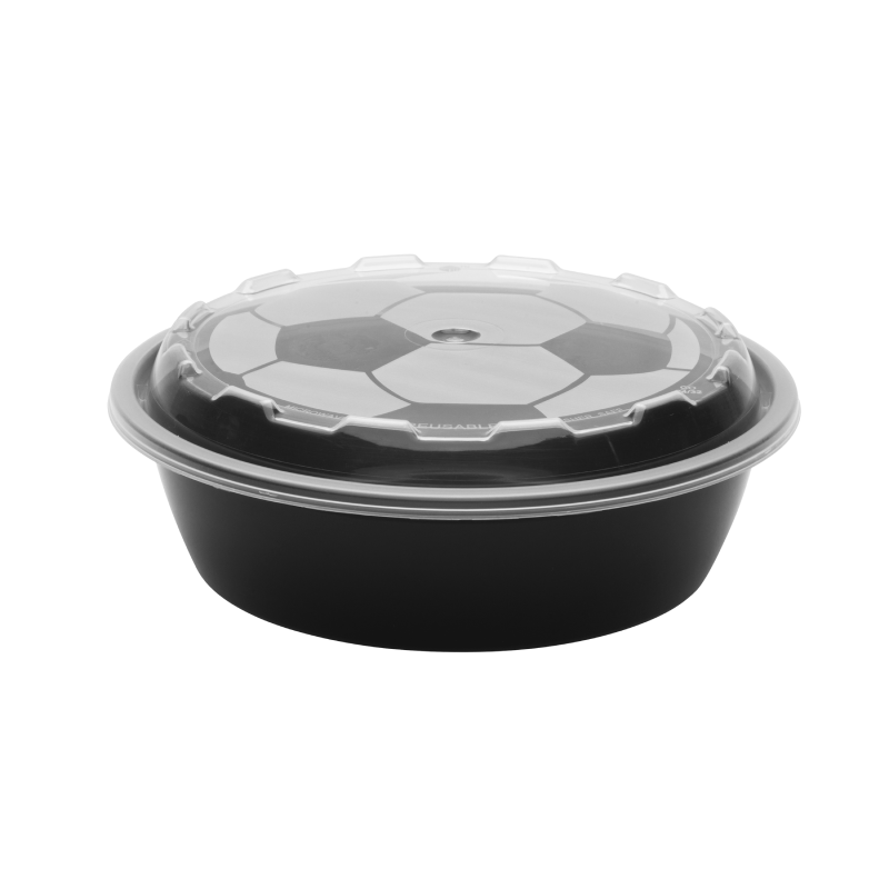 The 24oz Round Soccer is a black plastic food container with a clear lid, designed with a soccer ball pattern.