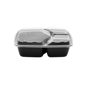 The 48oz Square, 3 Compartment black plastic meal tray is shown from the front with three sections and a clear lid, on a white background.