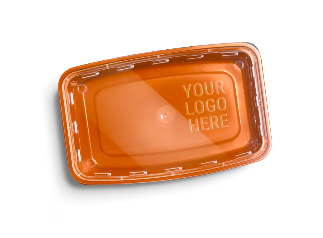 An orange rectangular plastic food container lid with the words "YOUR LOGO HERE" embossed on the surface, viewed from above on a white background.