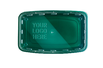 A transparent green plastic container with the words "YOUR LOGO HERE" embossed on the lid, viewed from above.