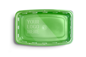 A green plastic food container lid viewed from above with the words "YOUR LOGO HERE" embossed in the center.