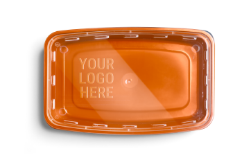 Orange plastic food container lid with the text "YOUR LOGO HERE" embossed in the center, viewed from above on a white background.