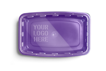 A purple plastic container lid with the words "YOUR LOGO HERE" embossed in the center.