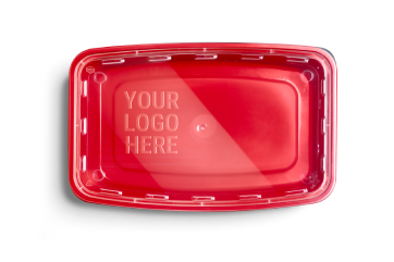 A red plastic food container lid viewed from above, with the words "YOUR LOGO HERE" embossed in the center.
