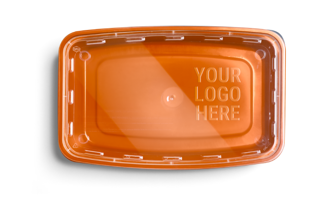 Rectangular orange plastic food container with clear lid, viewed from above. The lid features the embossed text "YOUR LOGO HERE.