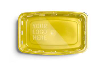 Yellow plastic container lid with the text "YOUR LOGO HERE" embossed in the center, viewed from above on a white background.