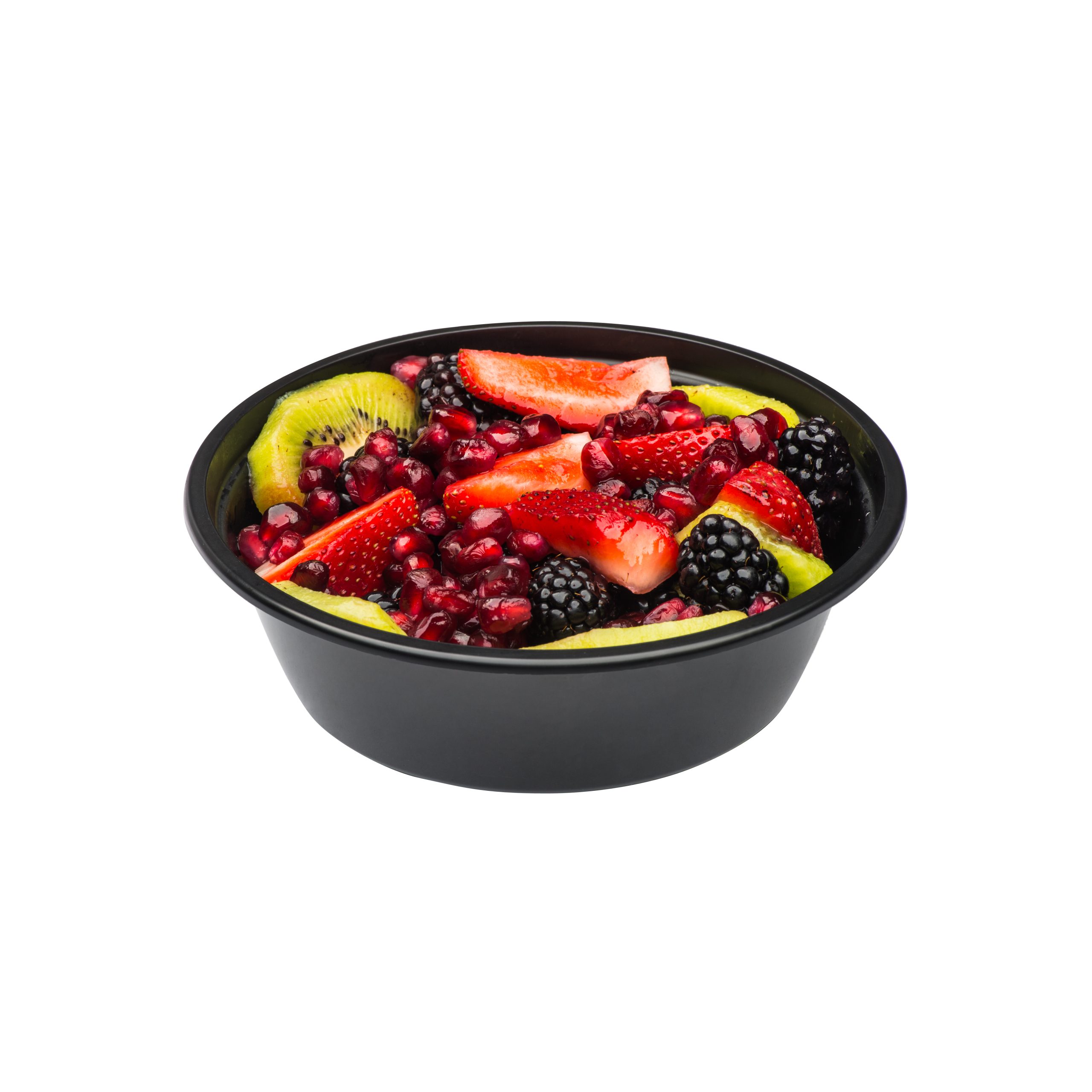 A black bowl filled with sliced kiwi, strawberries, blackberries, and pomegranate seeds on a white background.