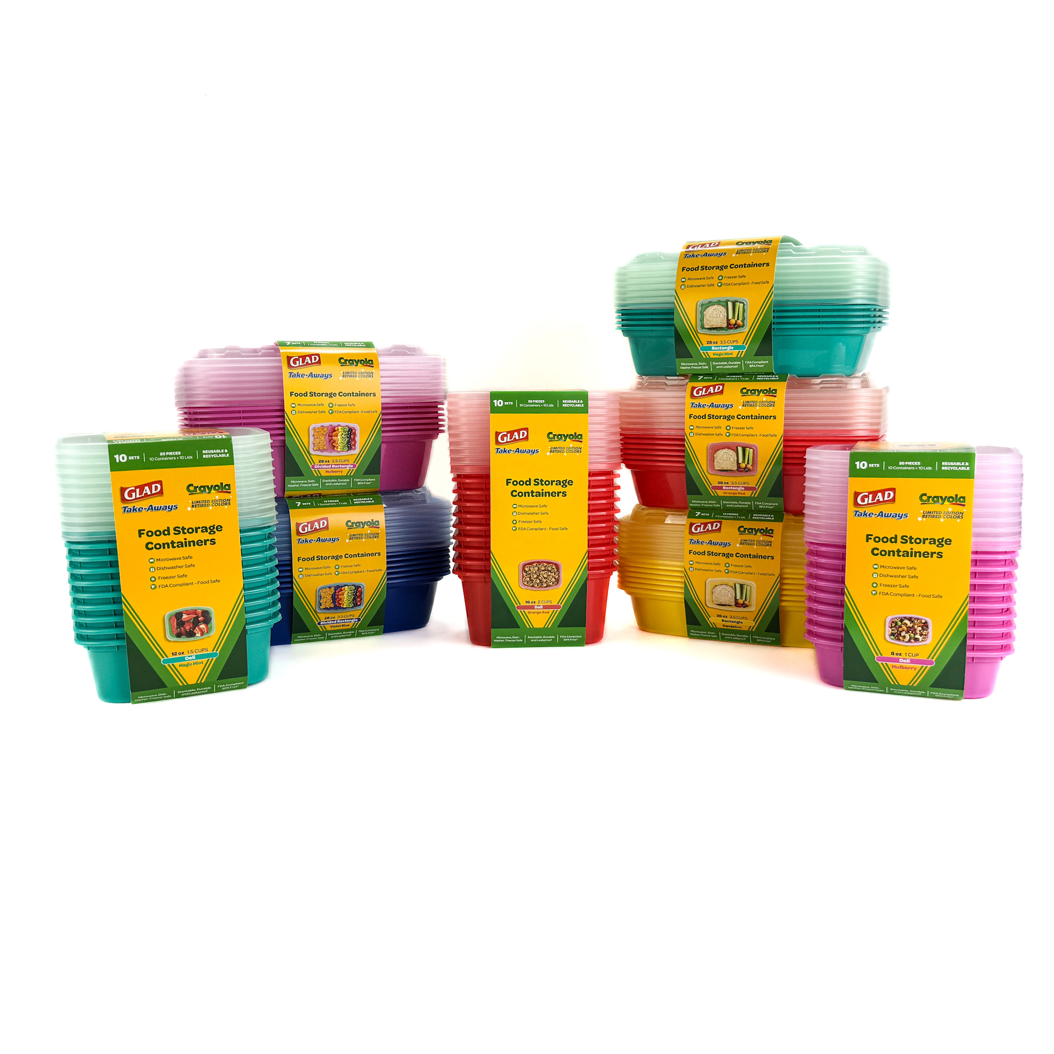 Stacks of Glad Crayola food storage containers in assorted colors and sizes, each set packaged with a yellow and green label, arranged on a white background.