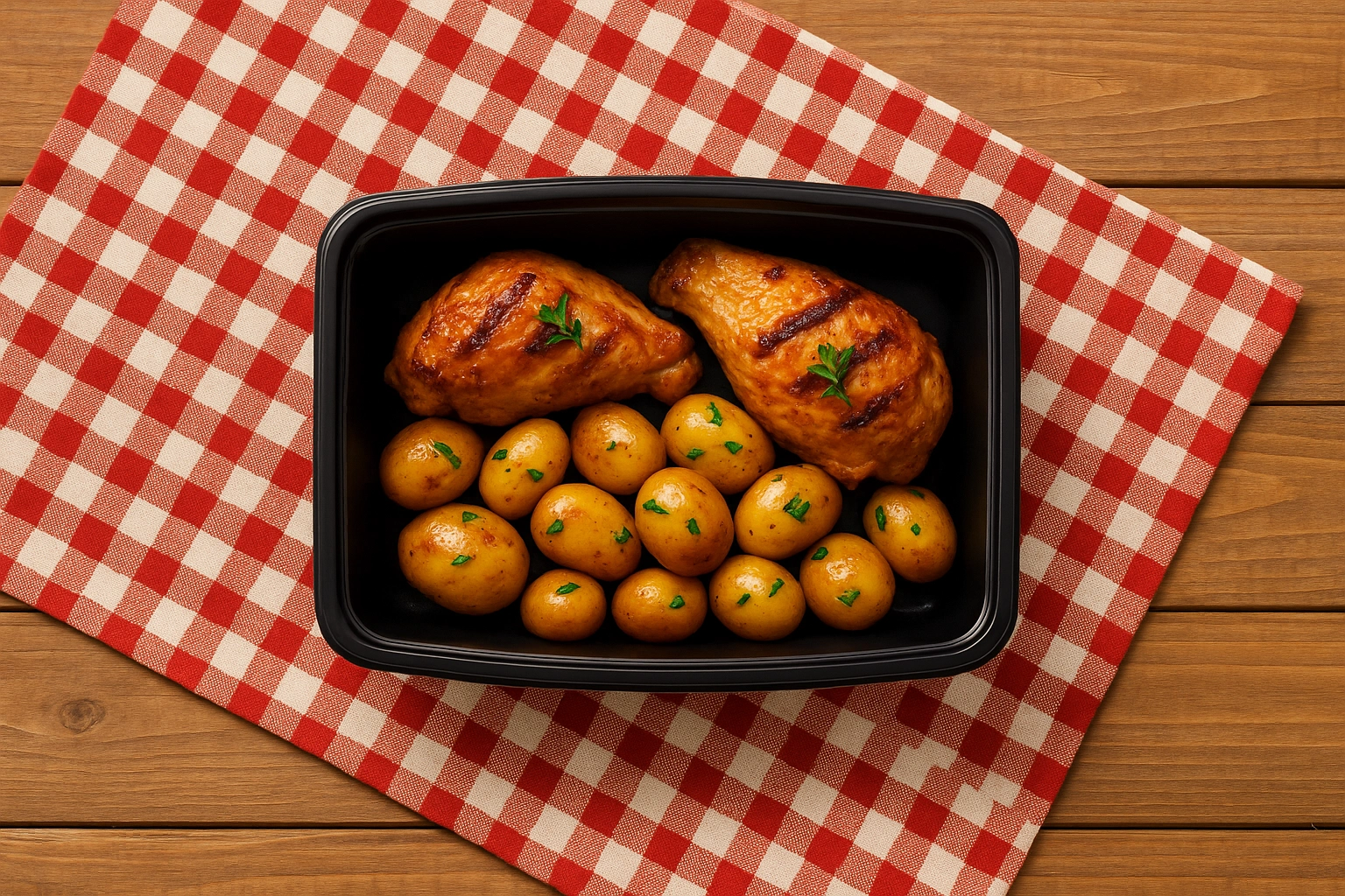 Black container with two grilled chicken drumsticks and several seasoned baby potatoes, placed on a red and white checkered cloth over a wooden table.