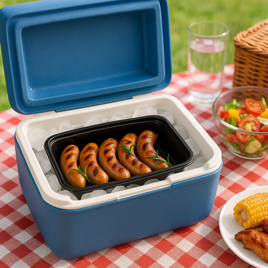 A blue cooler with grilled sausages on a bed of ice, set on a red-and-white checkered tablecloth with salad, corn, and a glass of water nearby.
